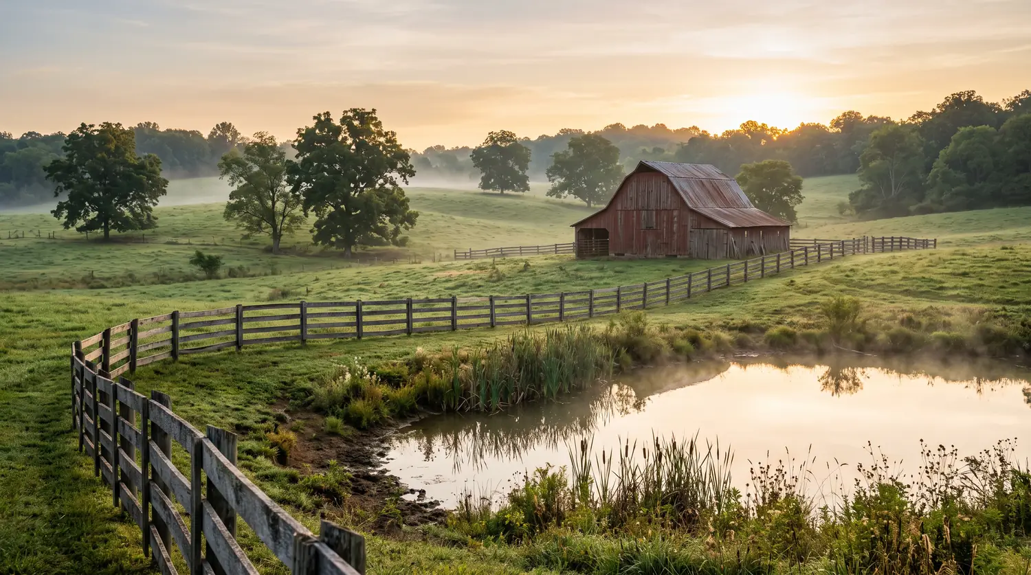 Country Farm With Barn and Fields | Music City Wildlife A rural Middle Tennessee farm with a red barn, rolling green pasture, split-rail fence and a pond, golden morning light.