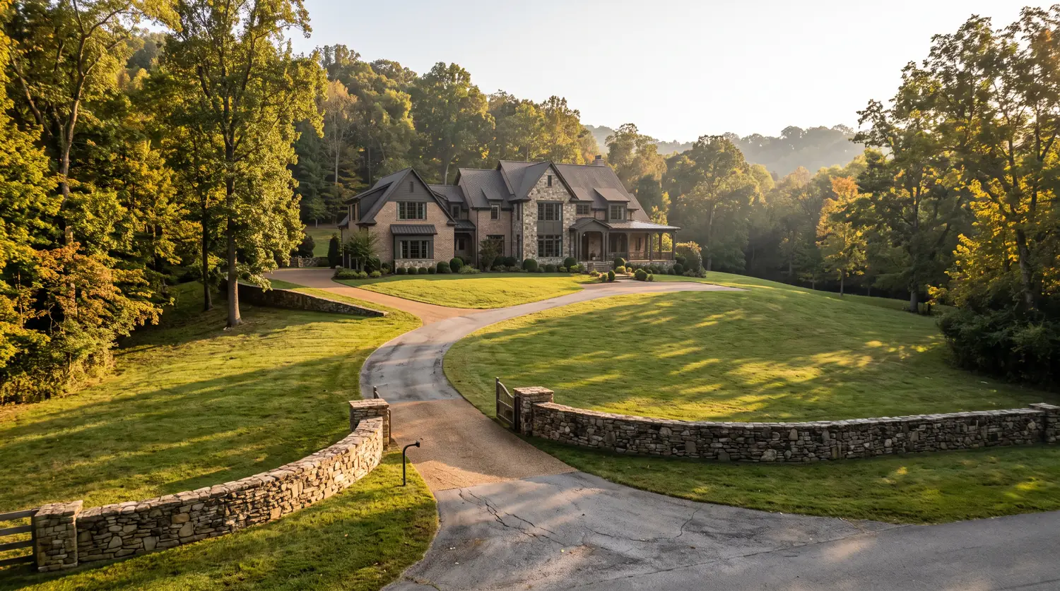 Upscale Estate With Rolling Wooded Lot | Music City Wildlife A large upscale Middle Tennessee estate home on a rolling wooded lot with a long driveway, stone walls and mature trees in golden light.