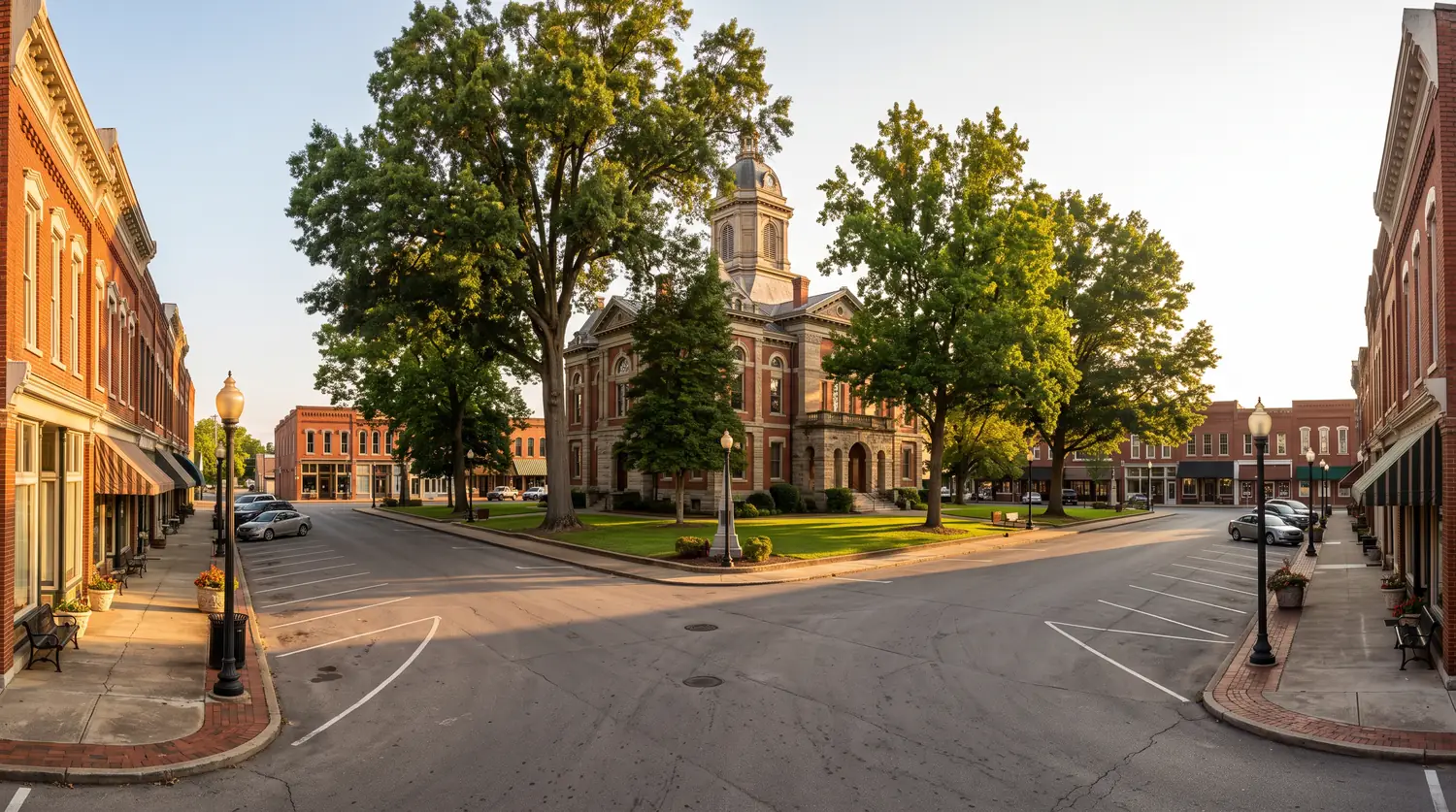 Historic Tennessee Town Square | Music City Wildlife A historic Middle Tennessee town square with brick storefronts, an old courthouse, mature trees and warm afternoon light.