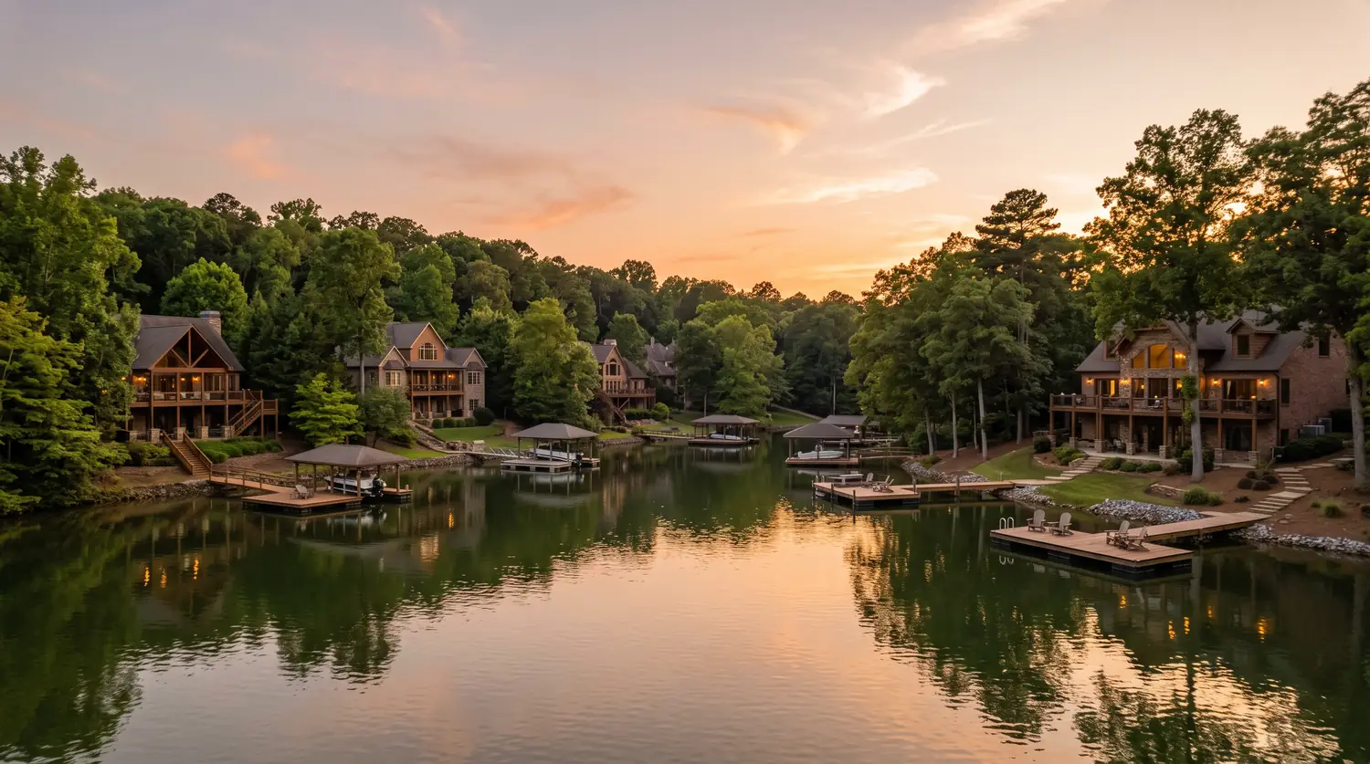A Middle Tennessee lakeside neighborhood with wooden docks, wooded shoreline, upscale homes and still water at sunset.