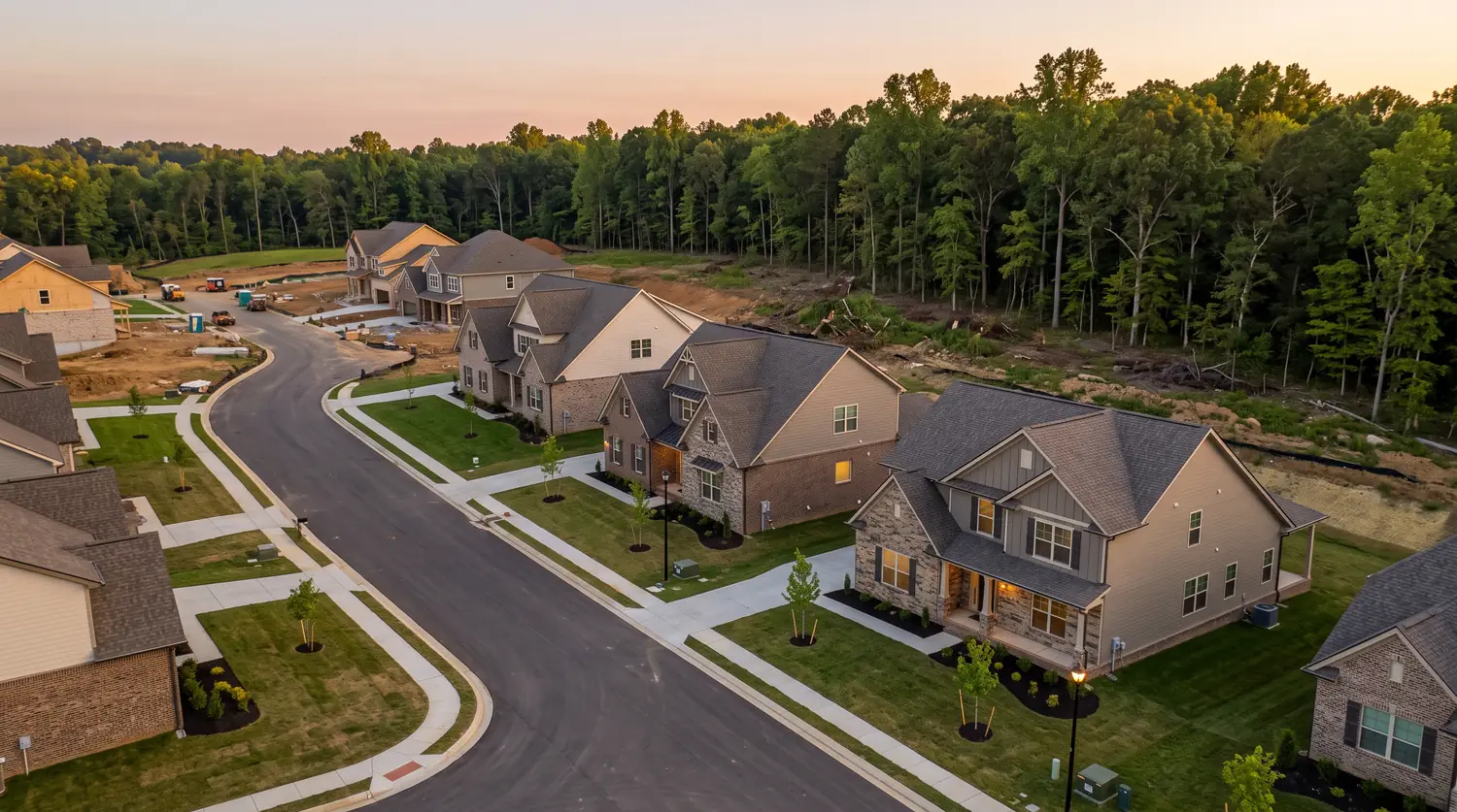 New Subdivision Beside Cleared Woodland | Music City Wildlife A fast-growing new Middle Tennessee subdivision of freshly built homes at the edge of a cleared woodland with young landscaping, early evening light.
