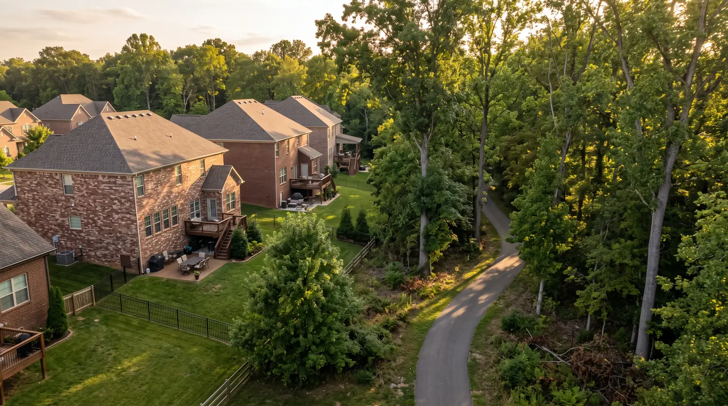 A Middle Tennessee suburb of brick two-story homes backing onto a wooded greenway with a walking path, late afternoon light.