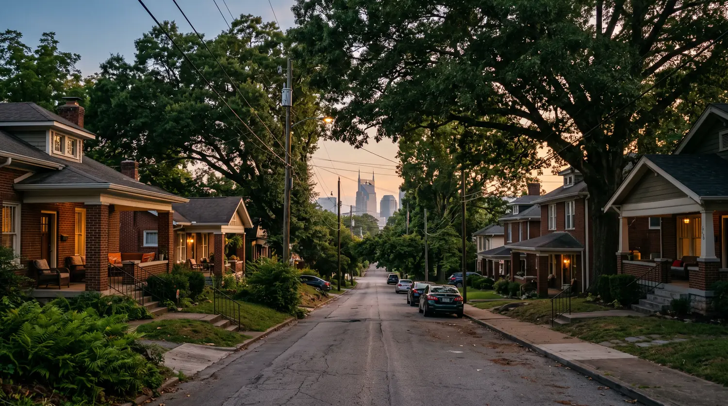 A leafy urban Nashville neighborhood of brick bungalows and townhomes with mature oak trees overhanging the roofs, evening light, the downtown skyline faint behind.