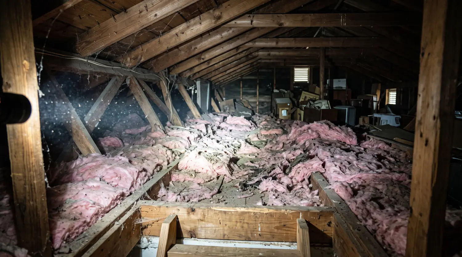 The inside of a Tennessee house attic seen from the hatch, wooden rafters and pink insulation, a bright flashlight beam sweeping across the insulation to reveal a disturbed trail, dusty air, dramatic realistic lighting.
