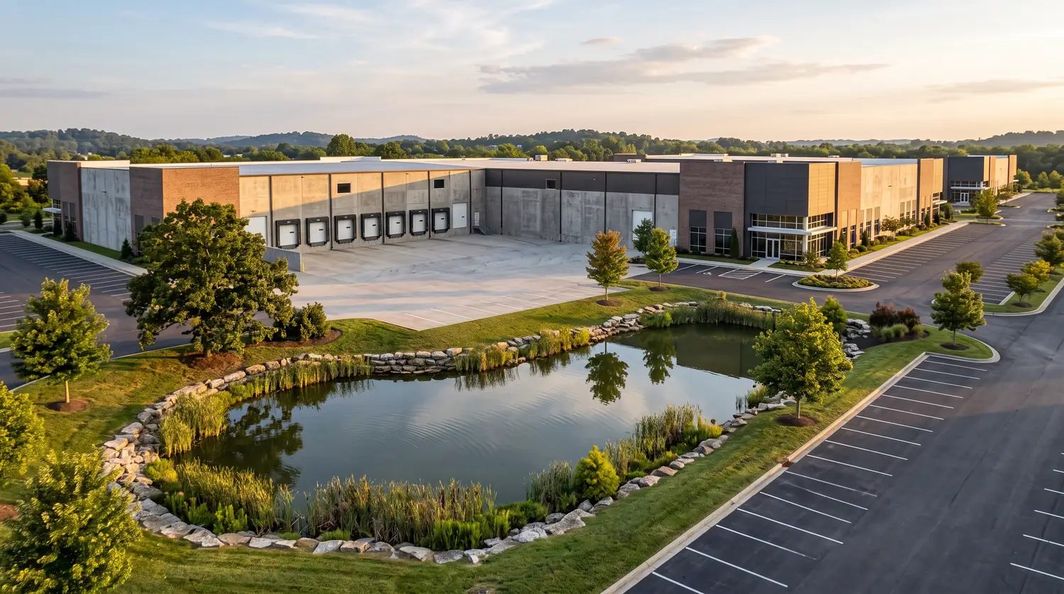 Commercial Property With Loading Docks | Music City Wildlife A Middle Tennessee commercial warehouse and office park with loading docks, landscaped retention pond and clean parking lot in the late afternoon sun.