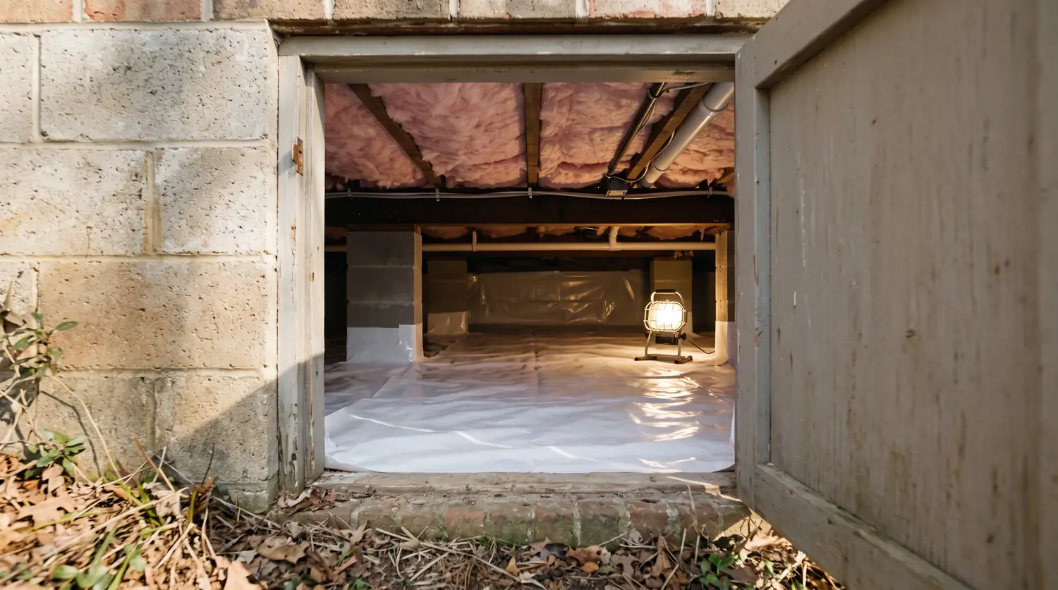 A clean residential crawl space with white vapor barrier on the ground, new fiberglass insulation between joists and a bright work light, seen through the access door.