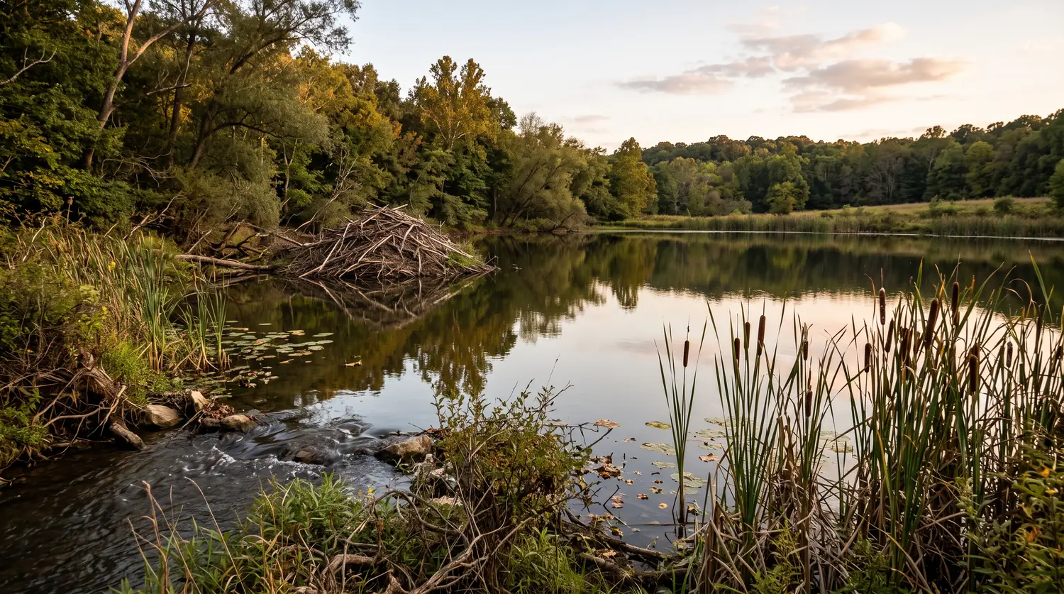 Tennessee Creek and Pond Edge | Music City Wildlife A calm Tennessee pond with cattails and a creek flowing in, a stick beaver lodge near the far bank, soft evening light and reflections.