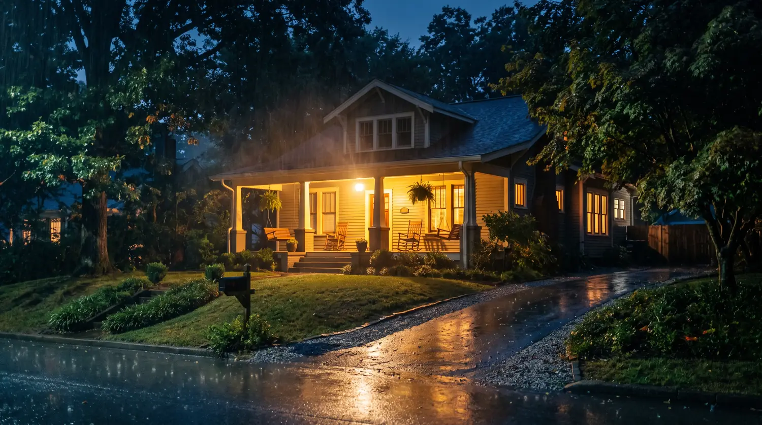 A Tennessee home at night in light rain with the porch light on, yellow windows and wet pavement reflecting light, dramatic cinematic blue and amber tones.