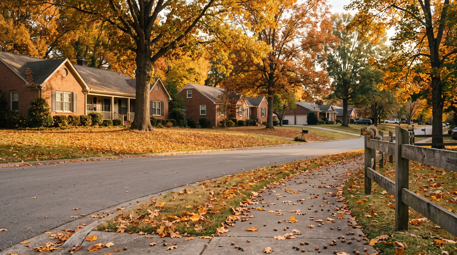 A quiet Middle Tennessee neighborhood street in fall with golden maple and oak leaves on lawns, brick homes, acorns on the sidewalk and a squirrel on a fence.
