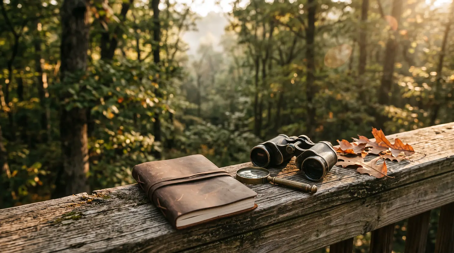 Field Guide Table With Binoculars | Music City Wildlife A wooden outdoor table with an open blank field notebook, binoculars, a magnifying glass, pressed oak leaves and a mug of coffee in warm morning light, shallow depth of field, no writing visible.