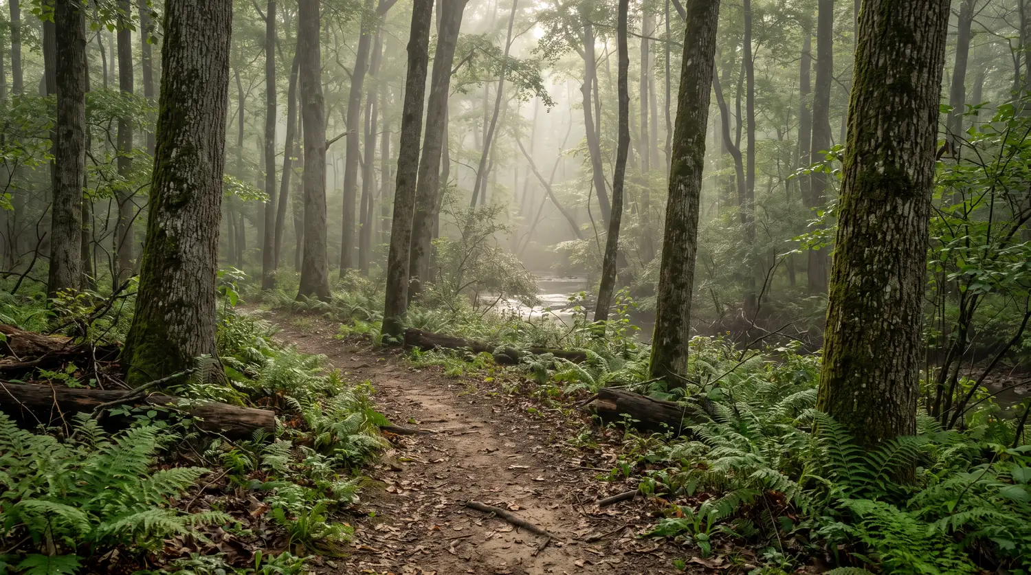 A Tennessee hardwood forest trail in soft morning light with mist between the trees, ferns, oak and hickory trunks, a creek in the distance.