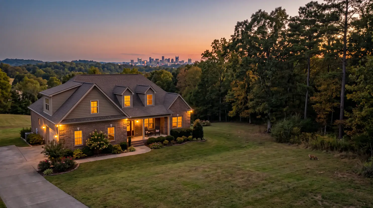 Tennessee Home at Dusk With Woods Behind | Music City Wildlife A beautiful brick and siding Middle Tennessee family home at golden dusk with warm lit windows, a mature wooded lot behind it, a red fox faintly visible at the edge of the lawn and the Nashville skyline glowing far in the distance.