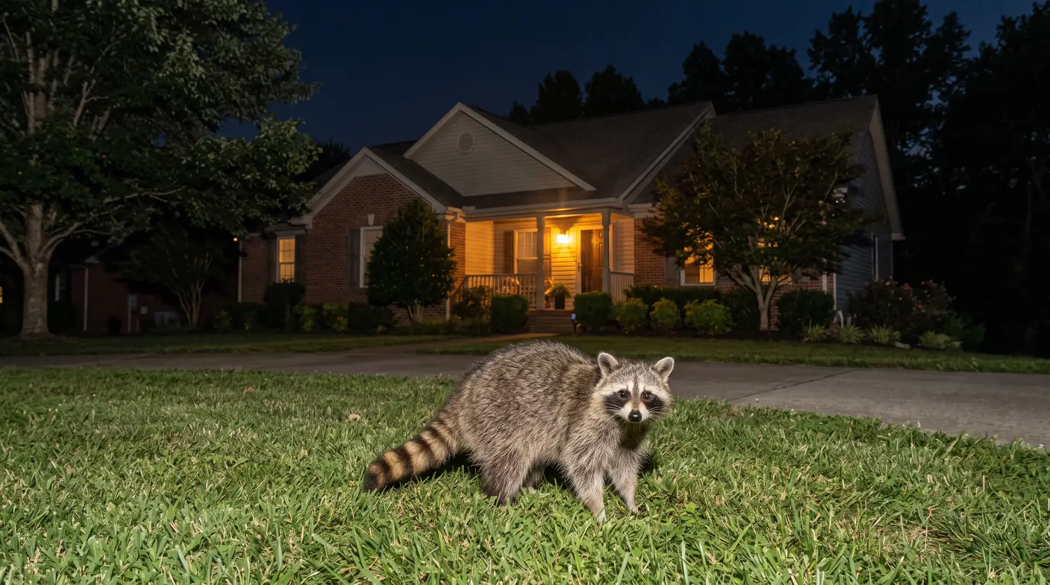 A Middle Tennessee suburban house at night with the porch light glowing, a raccoon with a ringed tail standing on the lawn looking toward the camera, deep blue night sky, realistic flash-lit photo.