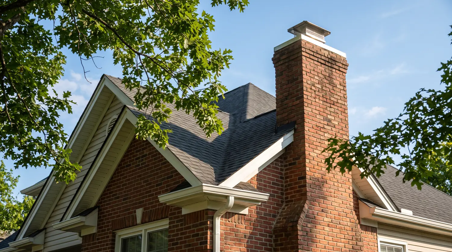 The roofline of a two-story Tennessee home with a brick chimney fitted with a stainless steel chimney cap, clean gutters and tree limbs hanging near the eaves, bright blue sky.