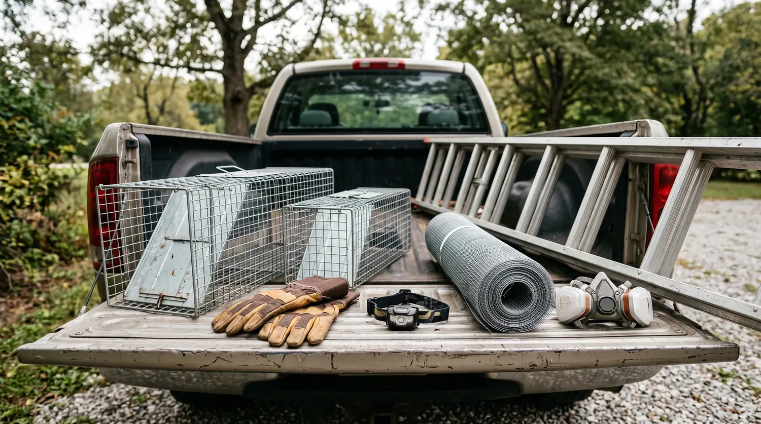 Professional wildlife control gear laid out neatly on a truck tailgate: galvanized live traps, thick leather gloves, a headlamp, hardware cloth rolls, a respirator mask and a ladder, in clean daylight, no logos.