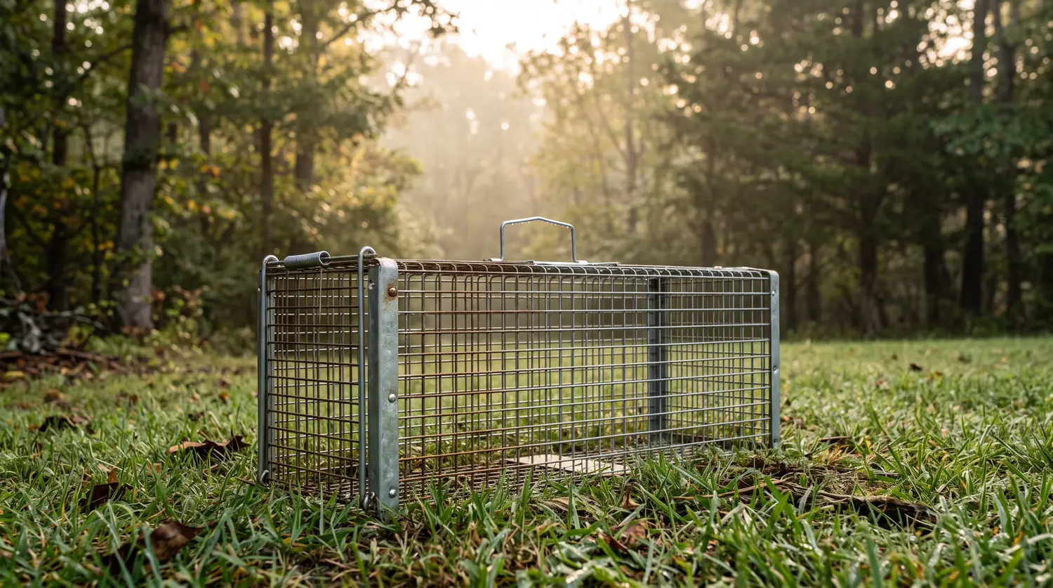 Humane Live Trap at Dawn | Music City Wildlife A galvanized wire humane live-capture trap set at the edge of a wooded backyard at dawn with dew on the grass, a wooden fence and a Tennessee suburban home behind.