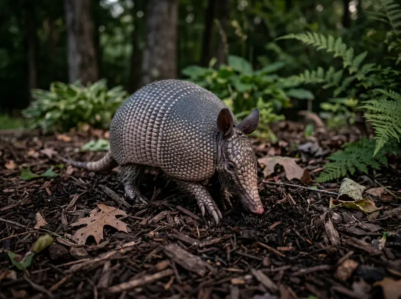A nine-banded armadillo foraging in a mulched flower bed at dusk in Tennessee, armored shell, soft evening light.