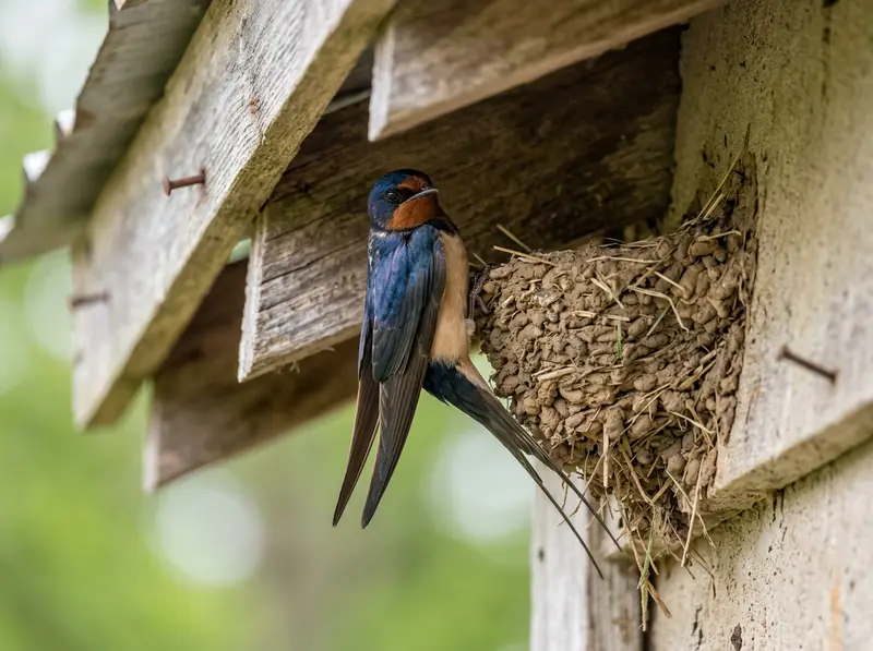 Barn Swallow in Tennessee | Music City Wildlife A barn swallow with blue back and rust throat perched at a mud nest under a Tennessee porch eave.