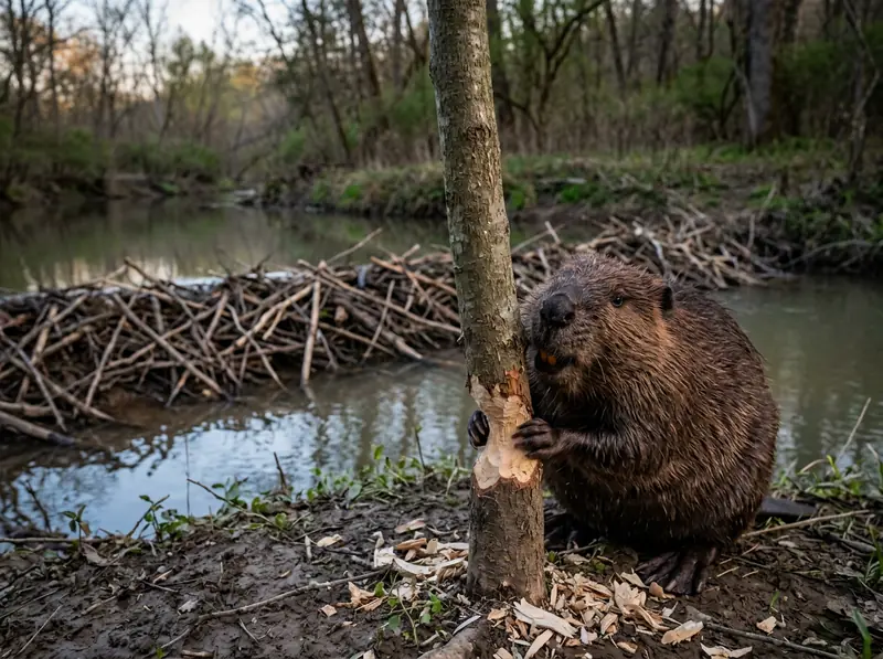 North American Beaver in Tennessee | Music City Wildlife A North American beaver gnawing on a small tree at the bank of a Tennessee creek with a stick dam behind it, dusk light.