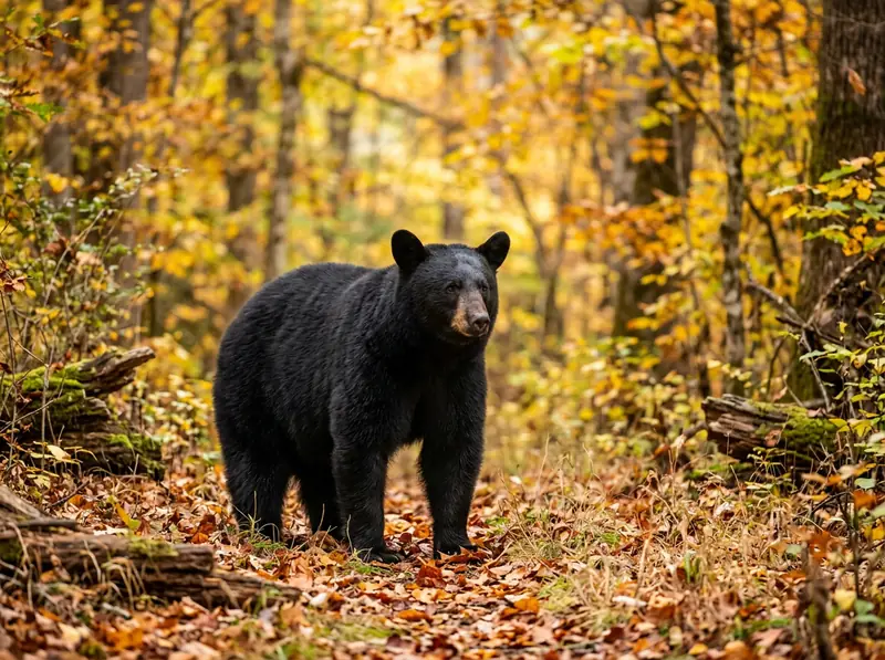 A black bear standing in a Tennessee forest clearing with golden fall foliage behind, calm and alert.