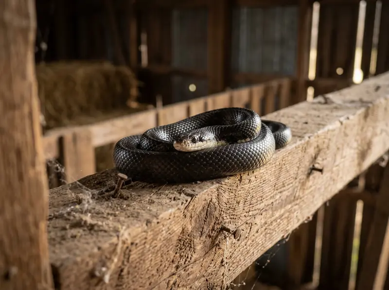 A black rat snake coiled on a rafter in a Tennessee barn with white chin, warm barn light.