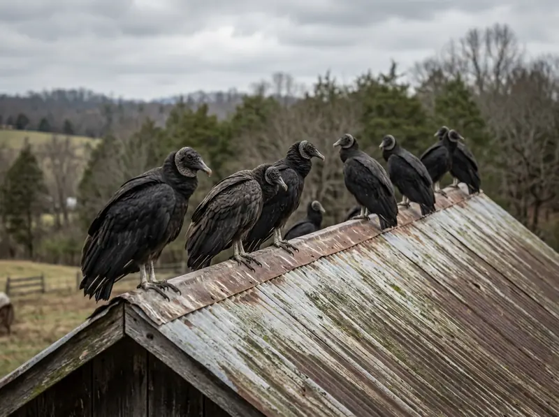 Several black vultures perched on the metal roof of a barn in rural Tennessee, overcast soft light.