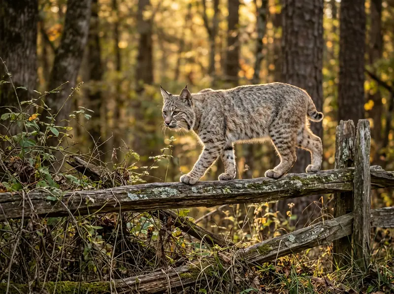 A bobcat with tufted ears and spotted coat walking along a rail fence at the edge of a Tennessee forest, golden hour.