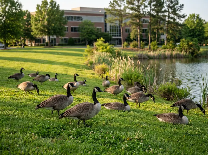 A flock of Canada geese on a green lawn beside a Tennessee retention pond with an office building behind.