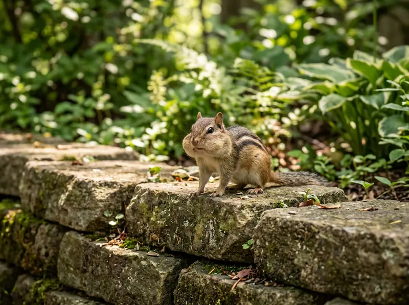 An eastern chipmunk with cheeks full of seeds standing on a stone retaining wall in a Tennessee garden.