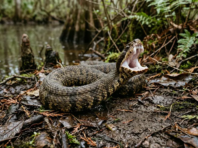 A cottonmouth snake with open white mouth on a muddy bank of a Tennessee slough, sharp detail.