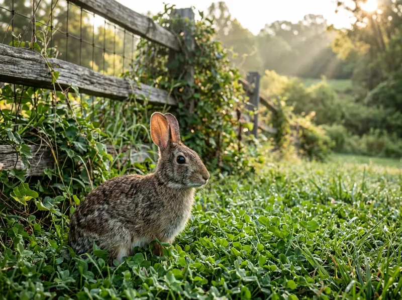 An eastern cottontail rabbit sitting in clover beside a Tennessee garden fence at sunrise, soft focus background.