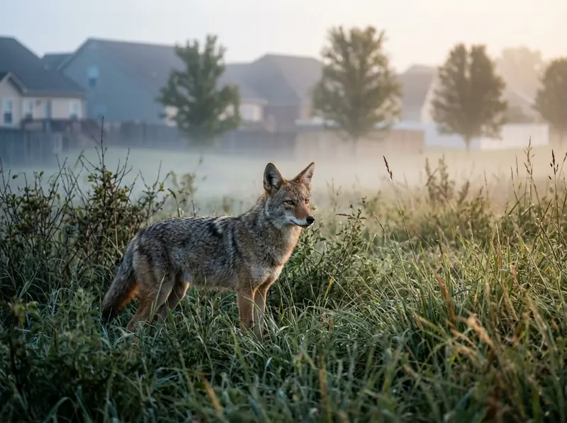A coyote standing in tall grass at the edge of a Tennessee suburban neighborhood at dawn, alert ears, misty light.