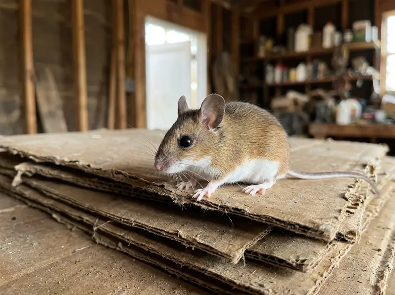 A white-footed deer mouse with big black eyes and white belly perched on a stack of cardboard in a Tennessee garage.
