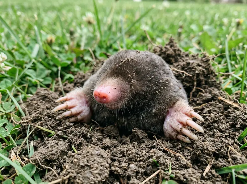 An eastern mole with pink snout and spade-like paws emerging from a dirt mound in a Tennessee lawn, macro photo.