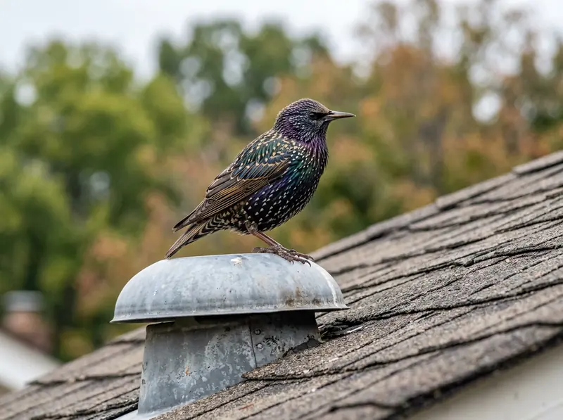 A European starling with iridescent speckled feathers perched on a house roof vent in Tennessee, sharp bird photo.