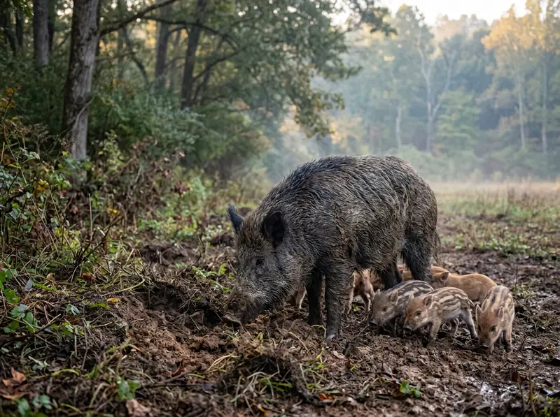 A feral hog sow with piglets rooting in a muddy Tennessee field edge near woods at dawn, rugged bristly coat.