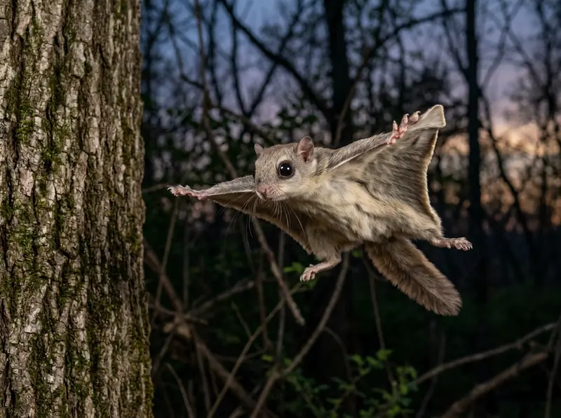 Southern Flying Squirrel in Tennessee | Music City Wildlife A southern flying squirrel with huge dark eyes gliding with spread membrane toward a tree trunk at dusk, Tennessee woods.