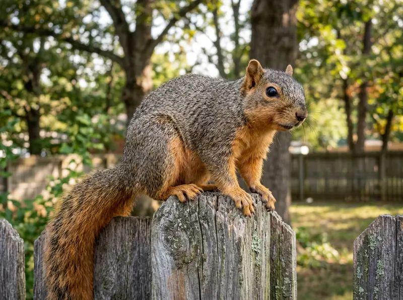 Eastern Fox Squirrel in Tennessee | Music City Wildlife A large eastern fox squirrel with rusty orange belly sitting on a wooden fence post in a Tennessee yard, sharp detail.