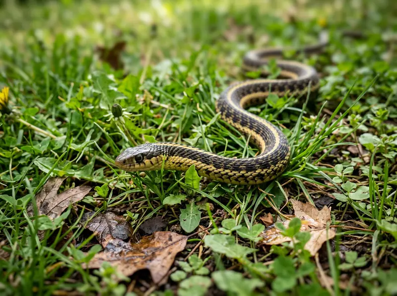 An eastern garter snake with yellow stripes moving through green grass in a Tennessee garden, sharp detail.