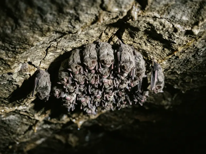 Gray bats clustered in a tight group on a limestone cave ceiling in Tennessee, dramatic cave light, sharp photo.
