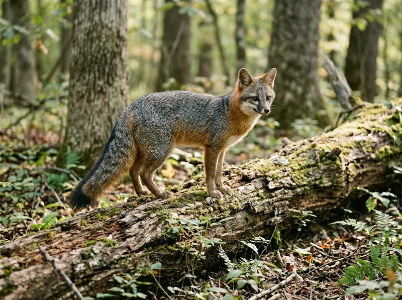 Gray Fox in Tennessee | Music City Wildlife A gray fox standing on a fallen log in Tennessee hardwood forest, gray coat with rusty sides, soft morning light.