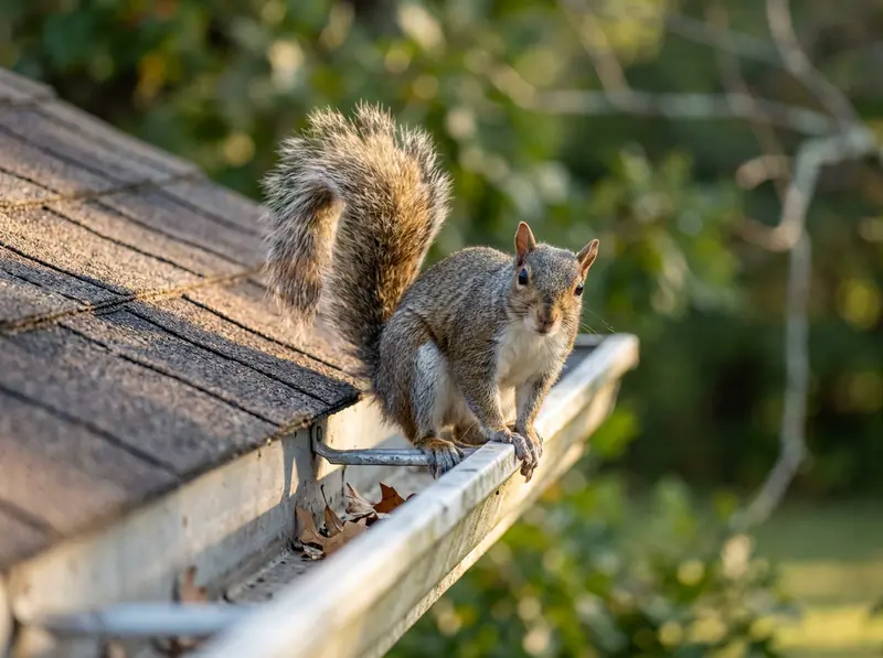 Eastern Gray Squirrel in Tennessee | Music City Wildlife An eastern gray squirrel at the edge of a Tennessee home’s roof gutter, looking at the camera, bushy tail up, soft morning light.
