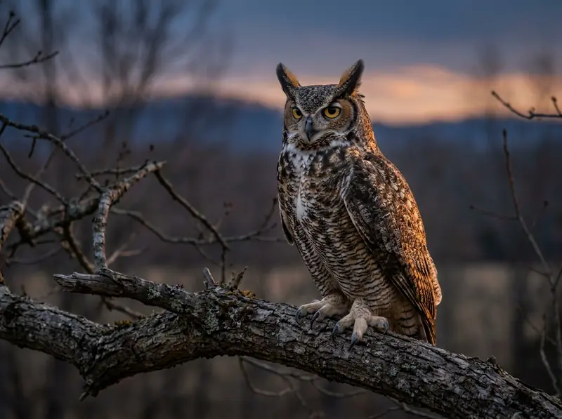 A great horned owl with prominent ear tufts perched in a bare oak tree at dusk in Tennessee, sharp photo.