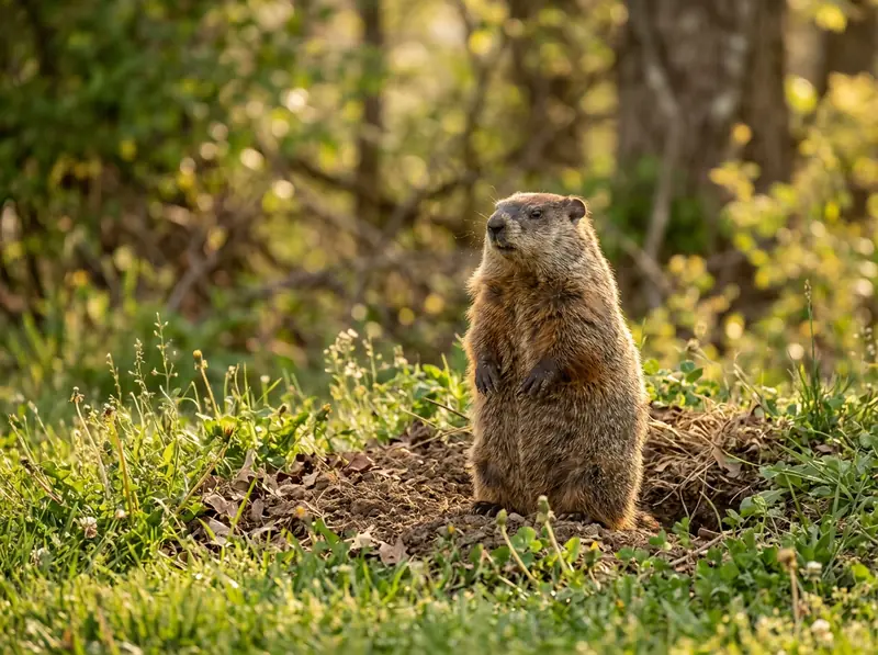 Groundhog (Woodchuck) in Tennessee | Music City Wildlife A chubby groundhog standing upright at a burrow hole at the edge of a Tennessee lawn, green grass, golden light.