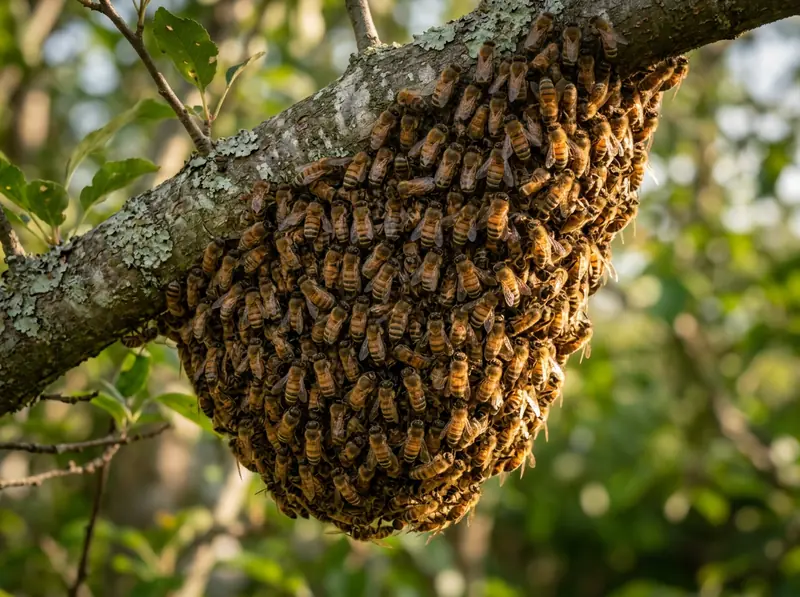 A honey bee swarm hanging as a living cluster on a tree branch in a Tennessee backyard, sharp macro photo.
