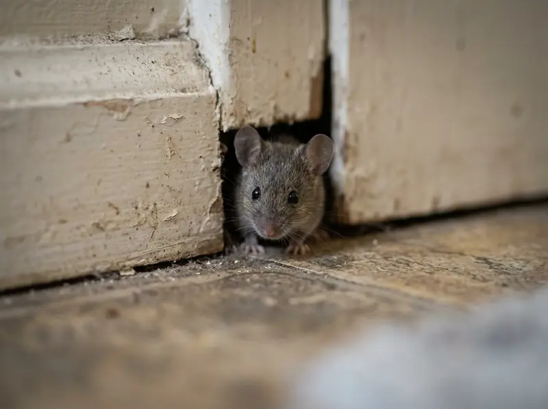 A small gray house mouse peeking out of a gap at the base of a kitchen wall near the baseboard, macro photo.