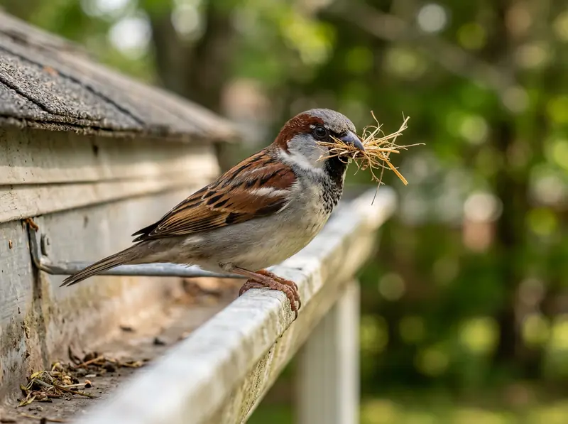 A male house sparrow on a gutter edge with nesting straw in its beak, Tennessee house, crisp bird photo.