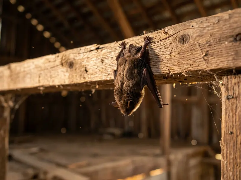 A small little brown bat roosting on a wooden attic beam in a Tennessee barn, wings tucked, warm light.
