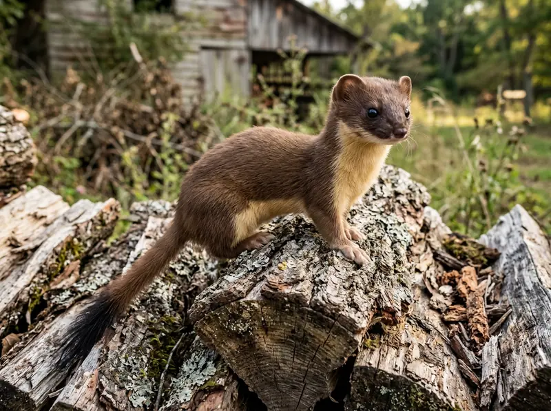 A long-tailed weasel standing on a stack of firewood in a Tennessee barn yard, brown coat with cream belly.