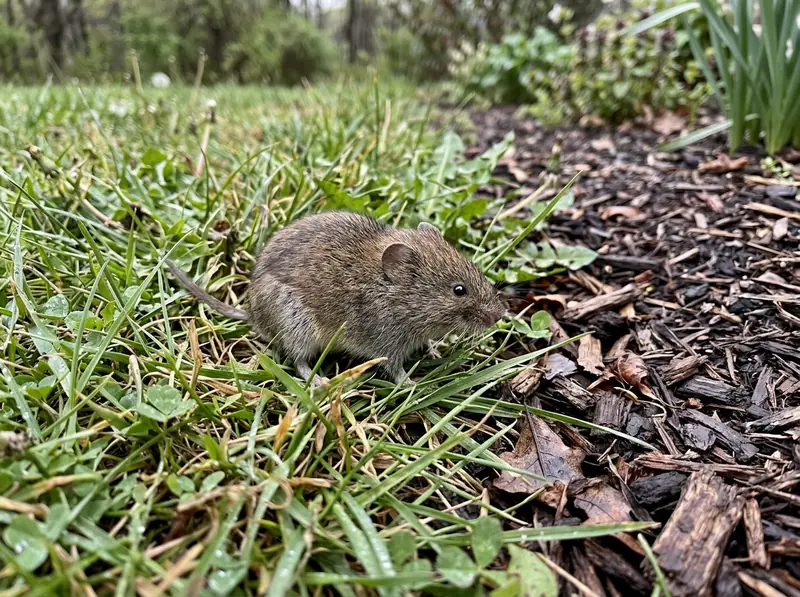 A meadow vole with short tail and round body in grass runways beside a mulched garden bed in Tennessee.